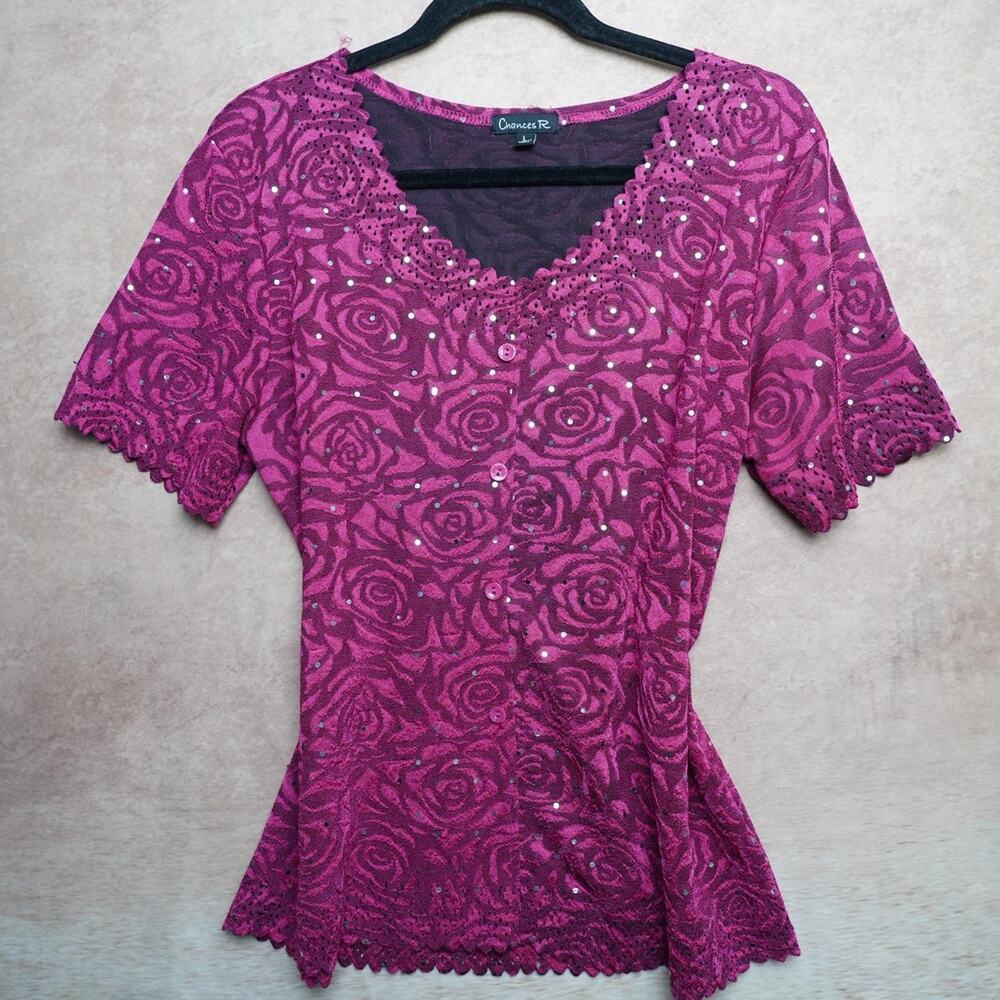 Chances R Rose Print Rhinestone Top Y2K L